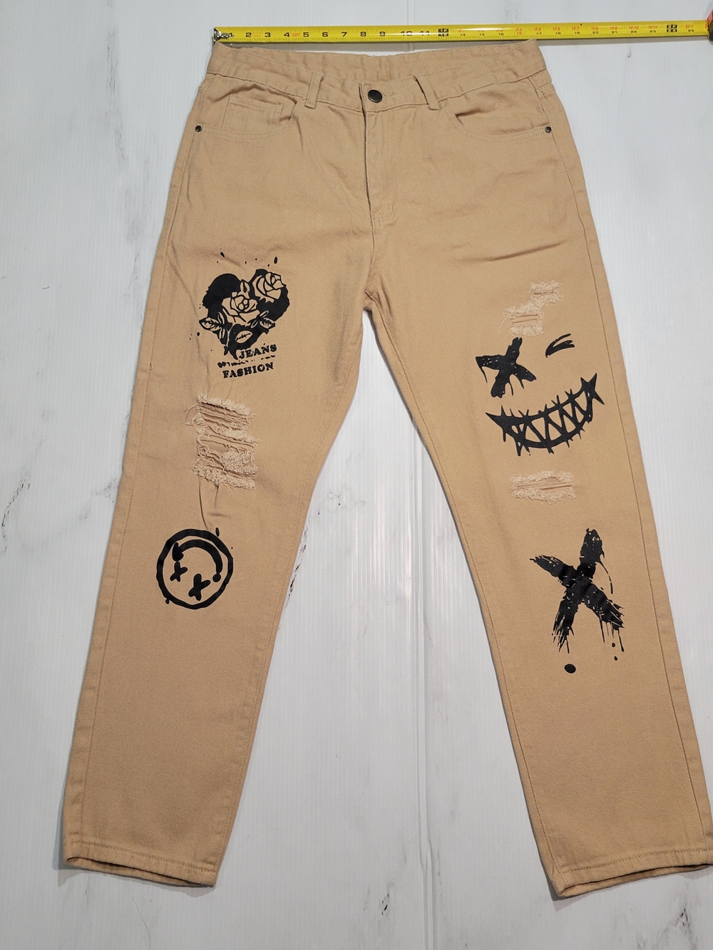 Slim Straight Tan Jeans with Black Graphic Print